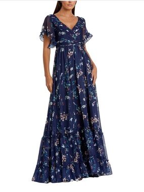 Mac Duggal Navy Maxi Dress with Flutter Sleeves size 14